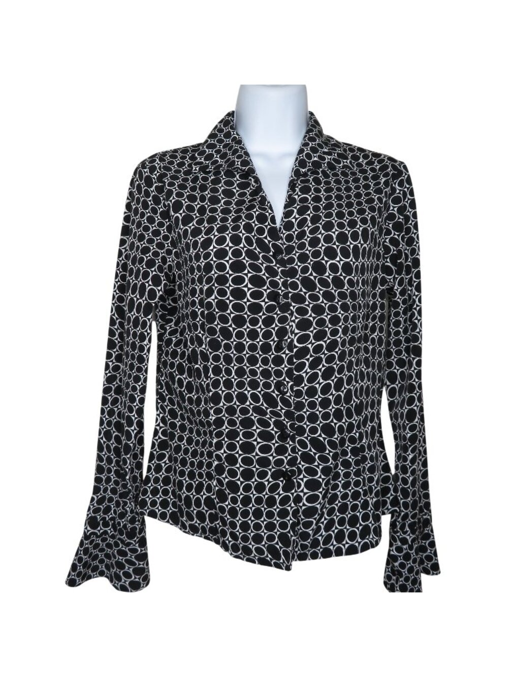 Vintage Black White Button-Up Blouse Geometric Circle Print Long Sleeves 2P Mod